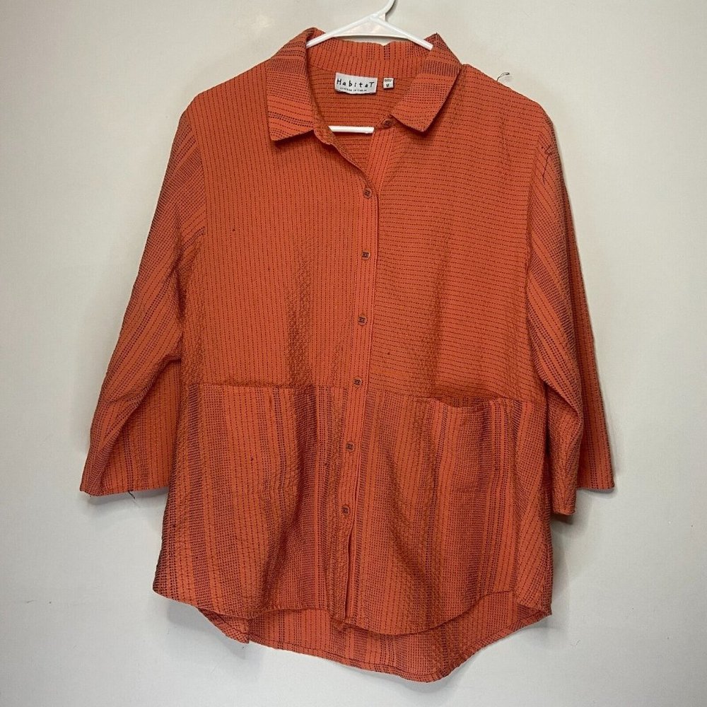 Habitat Women M Crinkle Button Up Shirt Orange Stripe Lightweight Breathable Top